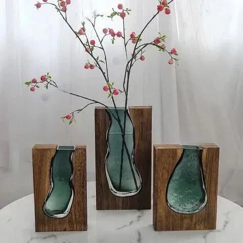 Scandinavian Glass Flower Vase with Natural Wooden Accent for Modern Decor