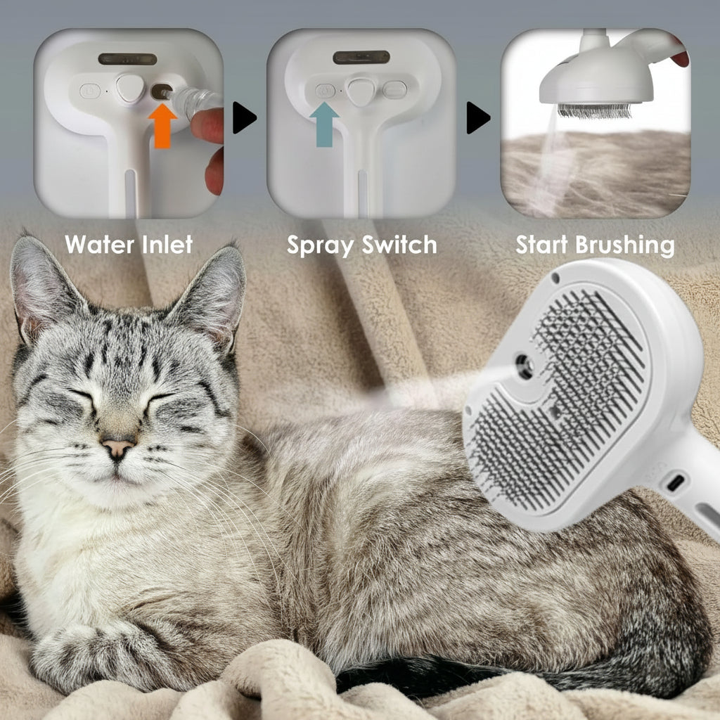 Spazzola autopulente per la toelettatura degli animali, pettine massaggiante in silicone con nebulizzatore