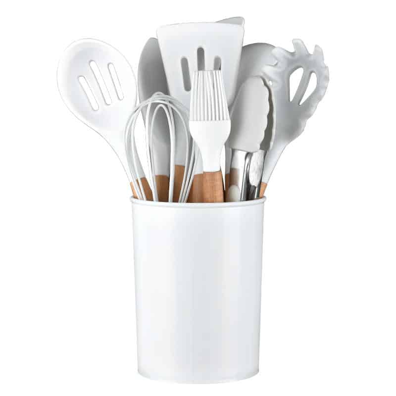 Silicone Kitchen Utensil Set with Wooden Handles and Holder
