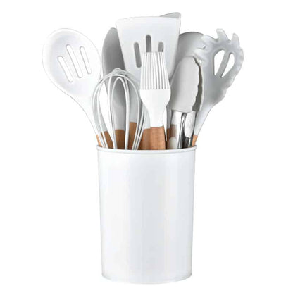 Silicone Kitchen Utensil Set with Wooden Handles and Holder