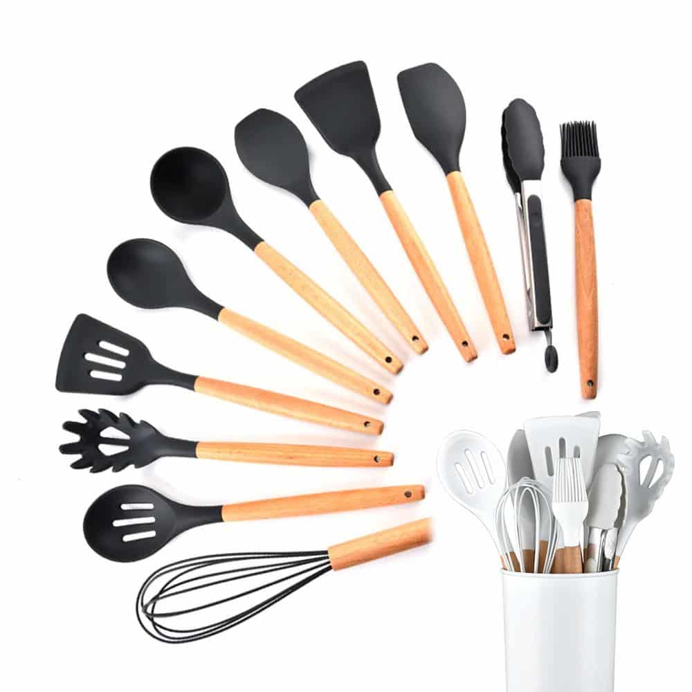 Silicone Kitchen Utensil Set with Wooden Handles and Holder