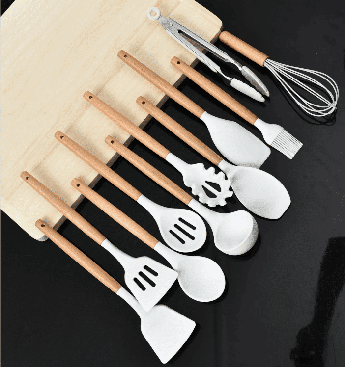 Silicone Kitchen Utensil Set with Wooden Handles and Holder