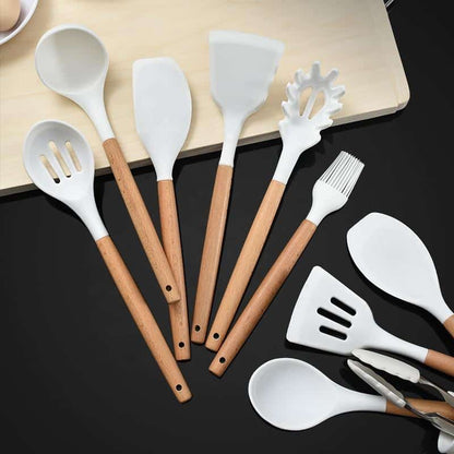 Silicone Kitchen Utensil Set with Wooden Handles and Holder