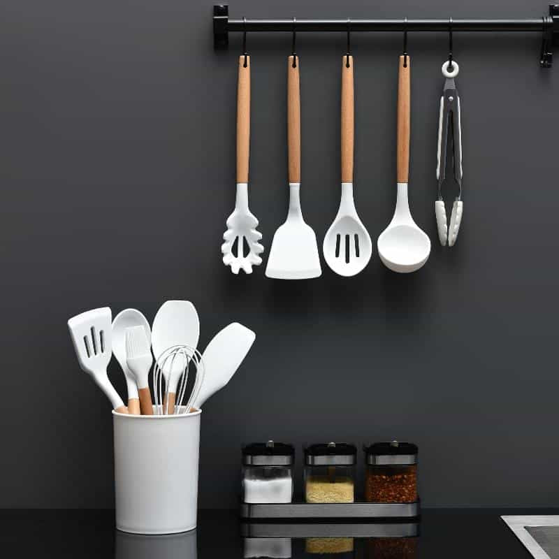 Silicone Kitchen Utensil Set with Wooden Handles and Holder