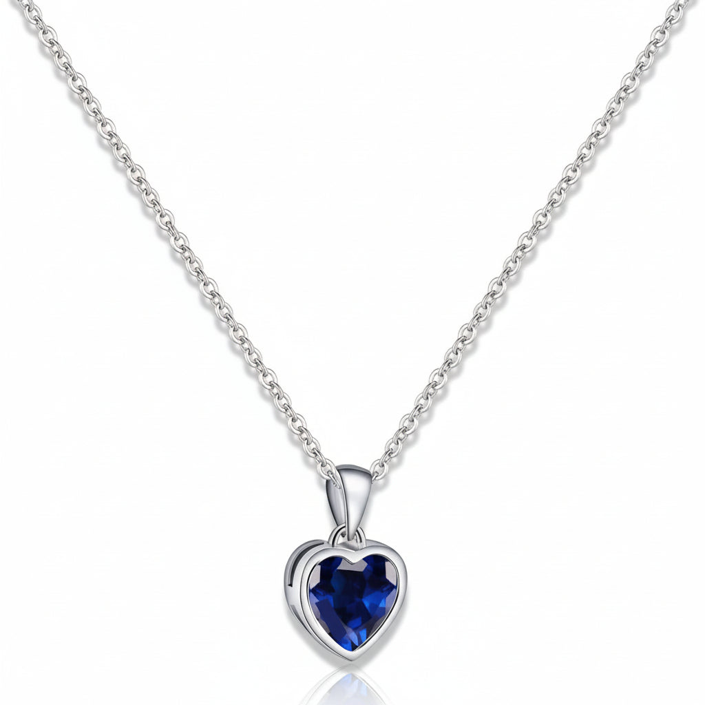 Silver Heart Pendant Necklace Sapphire Birthstone Adjustable Women's Jewelry