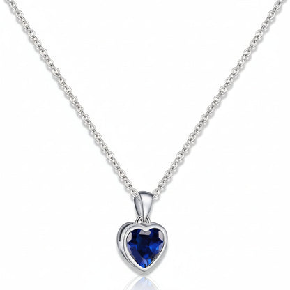 Silver Heart Pendant Necklace Sapphire Birthstone Adjustable Women's Jewelry
