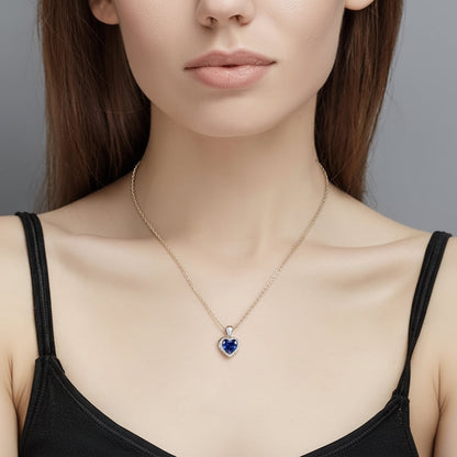 Silver Heart Pendant Necklace Sapphire Birthstone Adjustable Women's Jewelry