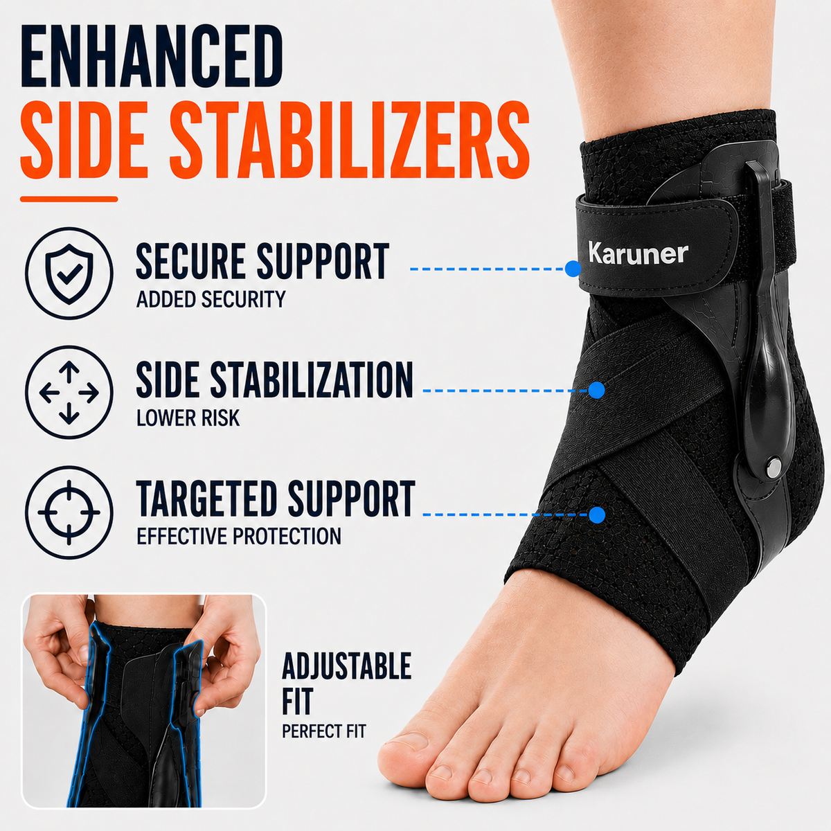 Slim Adjustable Ankle Support Brace with Side Stabilizers