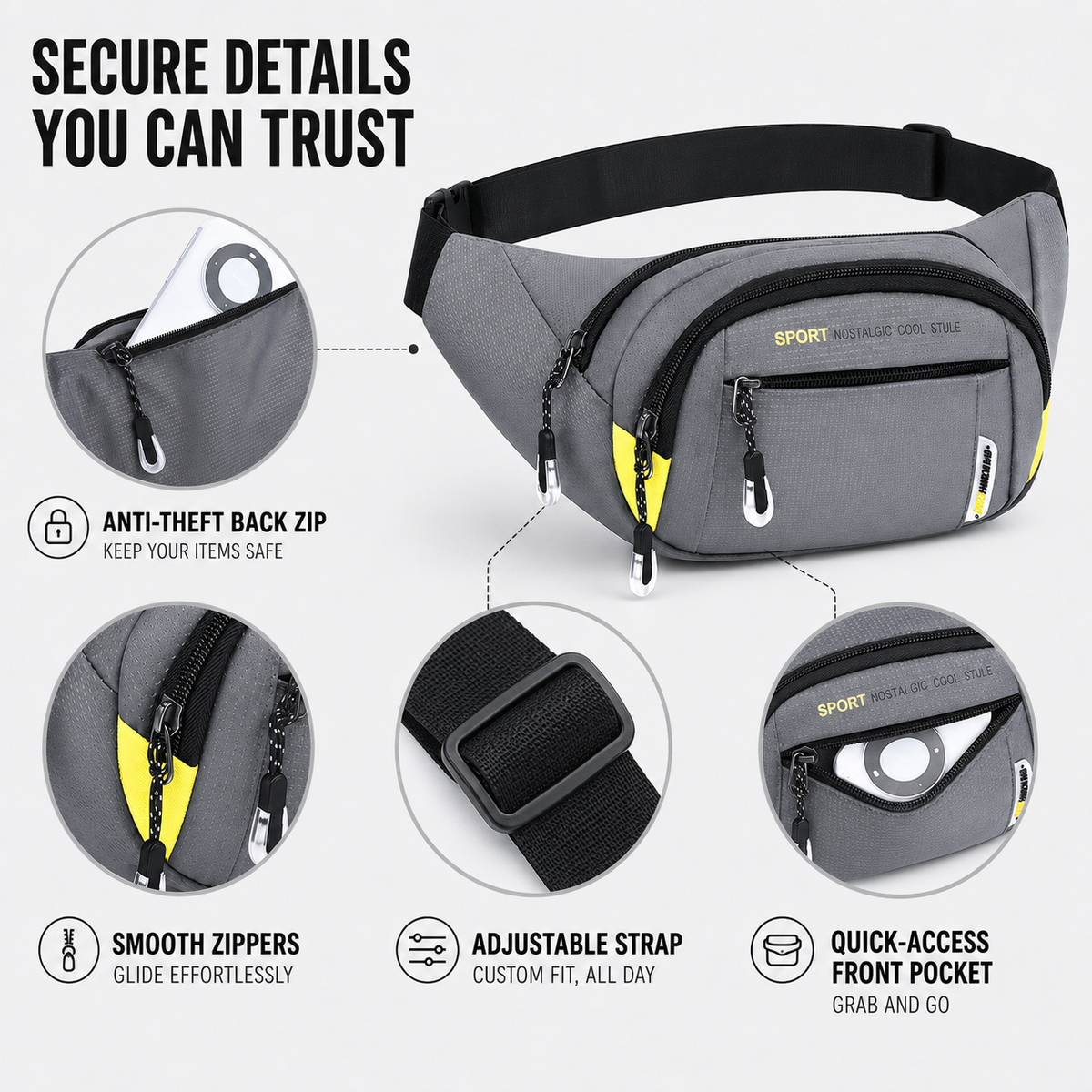 Slim Oxford Waist Pack with Adjustable Strap and Multiple Pockets