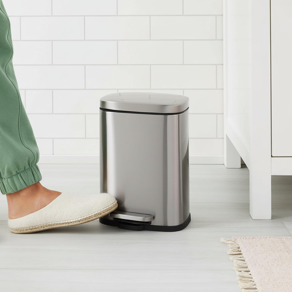 Kleiner Badezimmer-Mülleimer aus Edelstahl, 9L, Treteimer mit sanfter Absenkautomatik