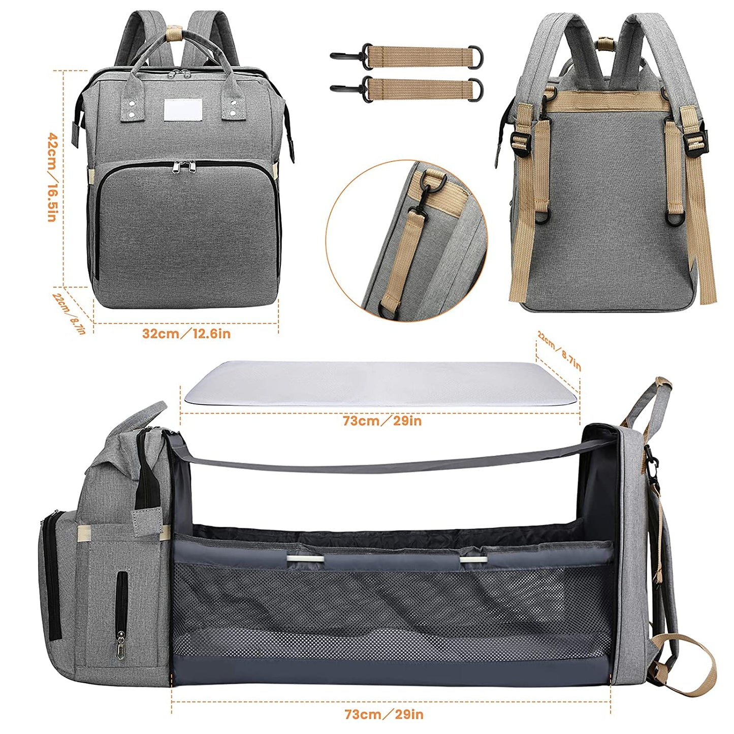 Smart Mummy Nappy Bag with Foldable Baby Bed Waterproof Travel Backpack