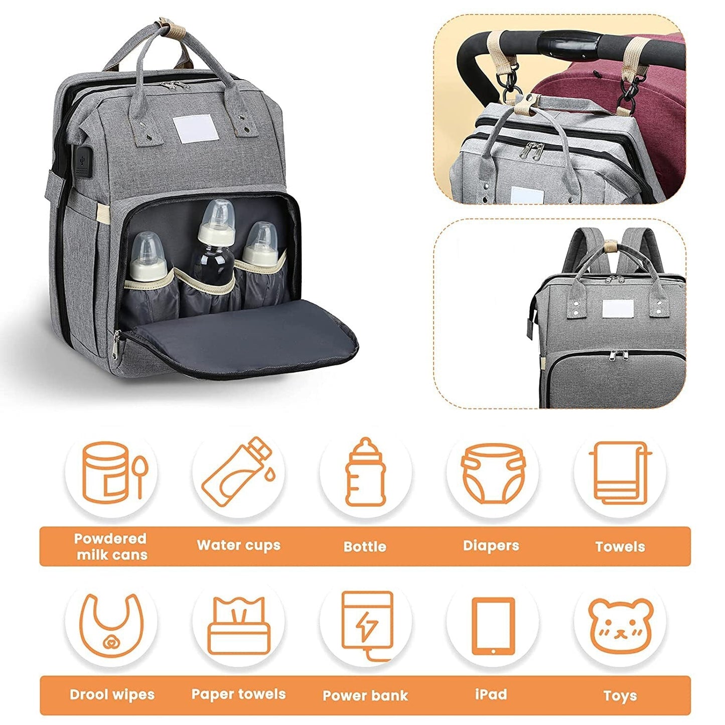 Smart Mummy Nappy Bag with Foldable Baby Bed Waterproof Travel Backpack