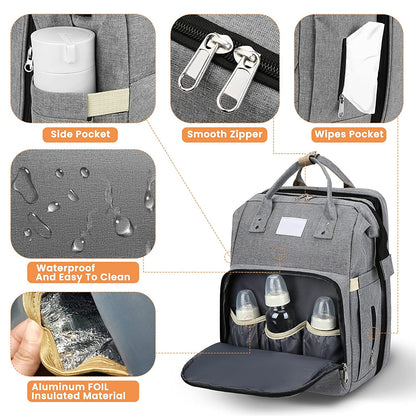 Smart Mummy Nappy Bag with Foldable Baby Bed Waterproof Travel Backpack