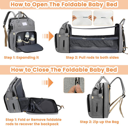 Smart Mummy Nappy Bag with Foldable Baby Bed Waterproof Travel Backpack