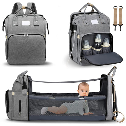 Smart Mummy Nappy Bag with Foldable Baby Bed Waterproof Travel Backpack