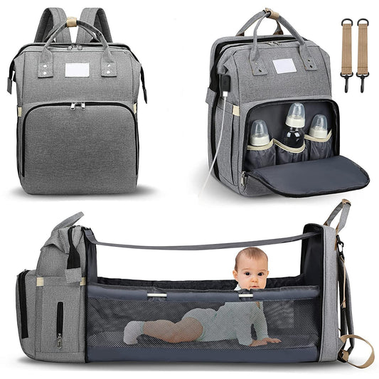 Smart Mummy Nappy Bag with Foldable Baby Bed Waterproof Travel Backpack