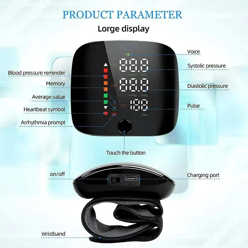 Smart Wrist Blood Pressure Monitor with Voice Alerts and Large LCD