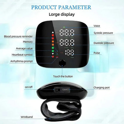 Smart Wrist Blood Pressure Monitor with Voice Alerts and Large LCD