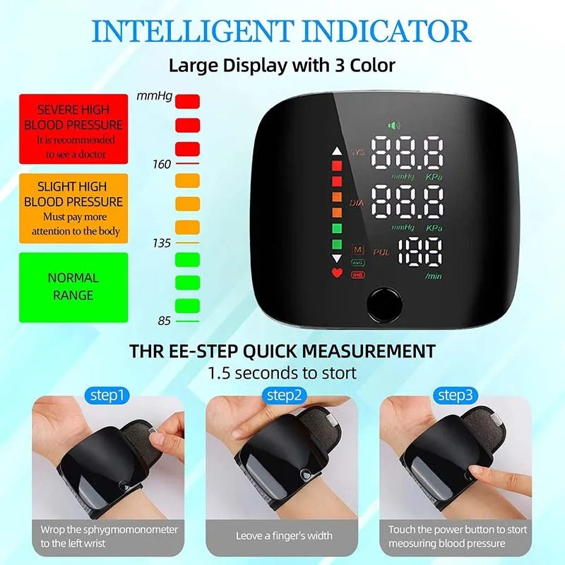 Smart Wrist Blood Pressure Monitor with Voice Alerts and Large LCD