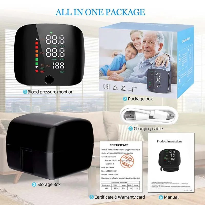 Smart Wrist Blood Pressure Monitor with Voice Alerts and Large LCD