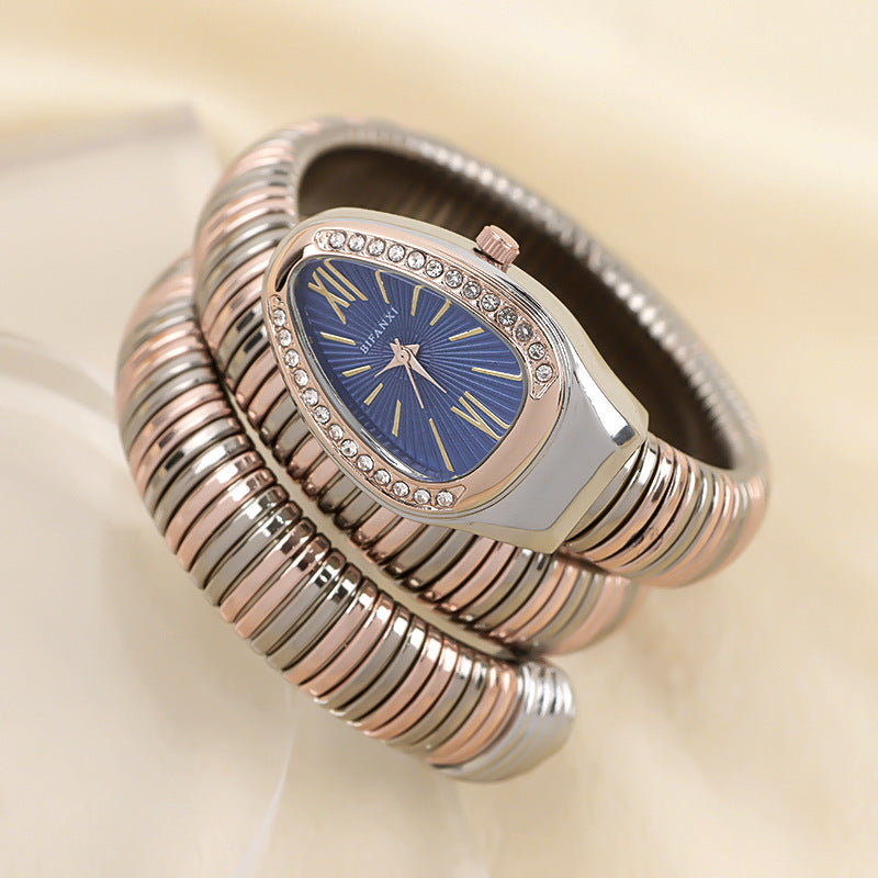 Snake Style Quartz Watch Stainless Steel Bracelet Oval Dial