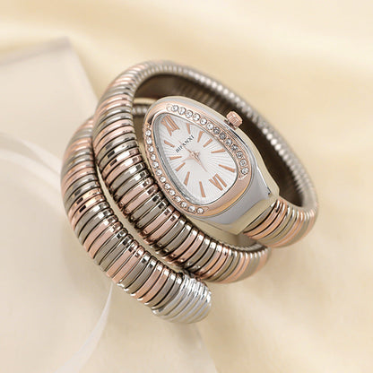 Snake Style Quartz Watch Stainless Steel Bracelet Oval Dial