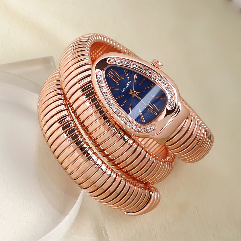 Snake Style Quartz Watch Stainless Steel Bracelet Oval Dial
