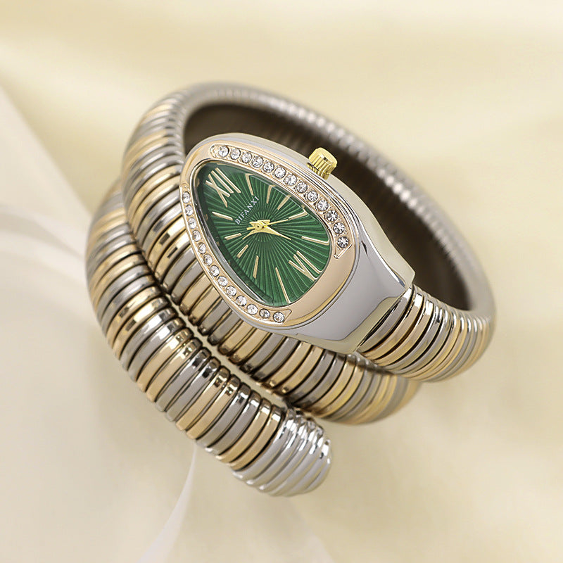 Snake Style Quartz Watch Stainless Steel Bracelet Oval Dial