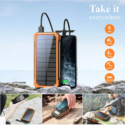 Solar Power Bank 200,000mAh with Solar Panel, USB-C and Wireless Charging, Flashlight & SOS Light