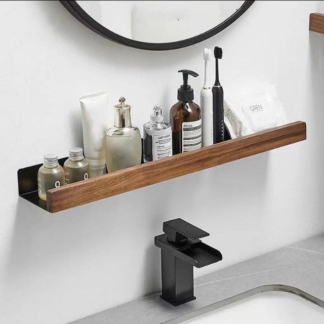 Solid Wood Bathroom Shelf No Drill Wall Mounted Organizer
