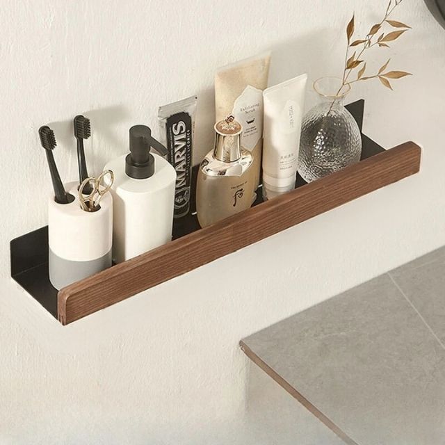 Solid Wood Bathroom Shelf No Drill Wall Mounted Organizer