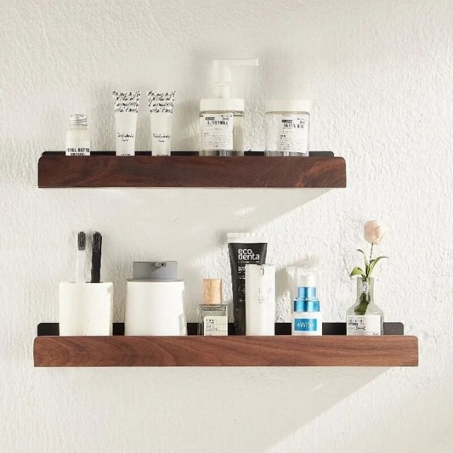 Solid Wood Bathroom Shelf No Drill Wall Mounted Organizer