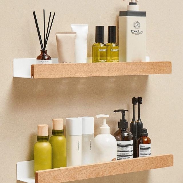 Solid Wood Bathroom Shelf No Drill Wall Mounted Organizer
