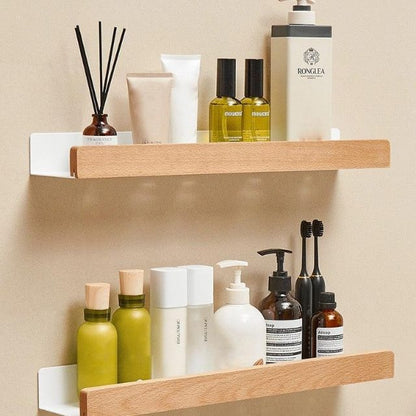 Solid Wood Bathroom Shelf No Drill Wall Mounted Organizer
