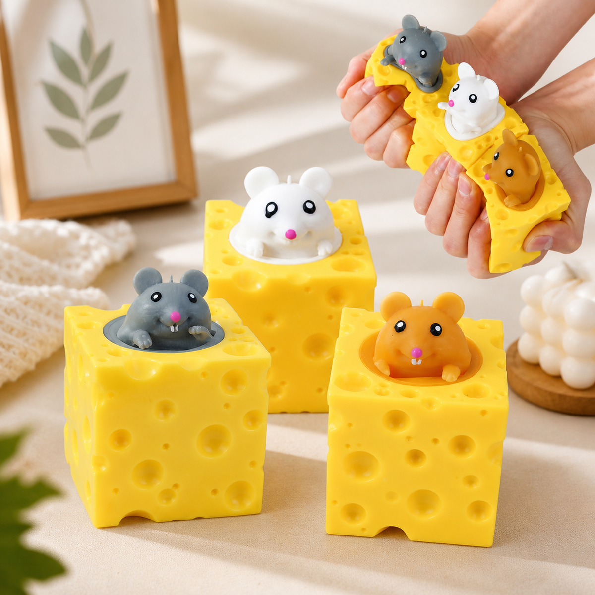 Squeeze Cheese Block Fidget Toy with Popping Mice