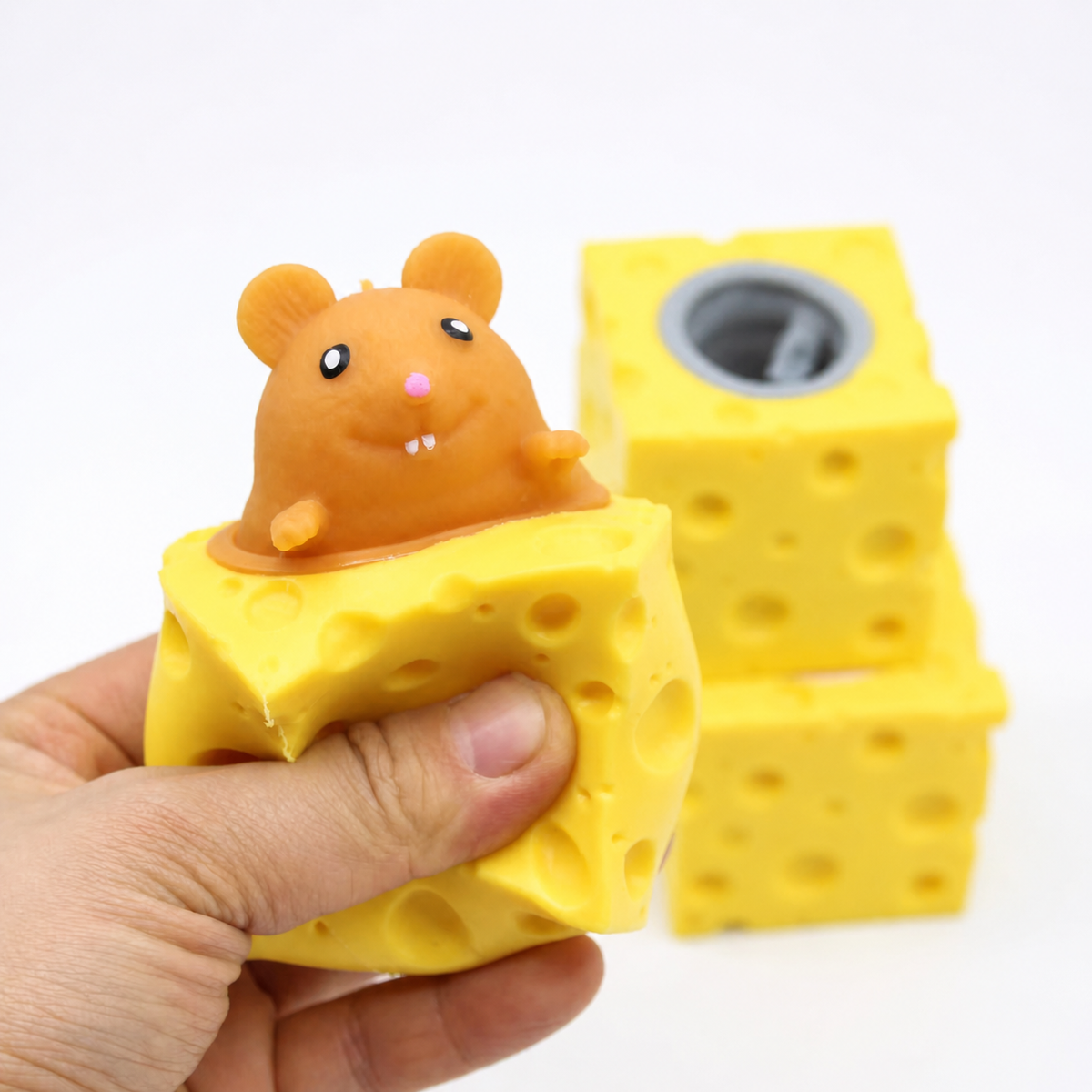 Squeeze Cheese Block Fidget Toy with Popping Mice