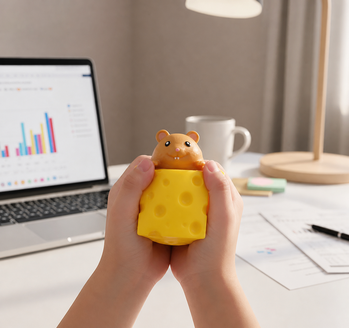 Squeeze Cheese Block Fidget Toy with Popping Mice