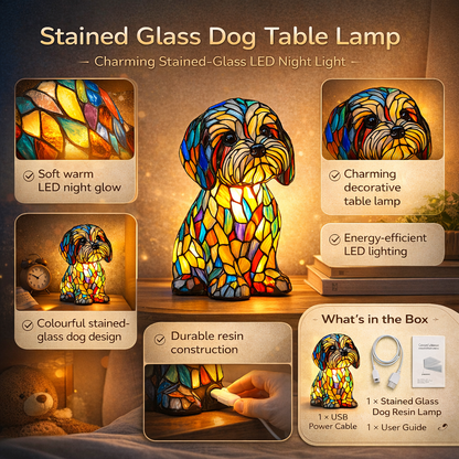 Stained Glass Dog Table Lamp Resin LED Night Light Decorative Home Accent