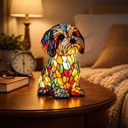 Stained Glass Dog Table Lamp Resin LED Night Light Decorative Home Accent