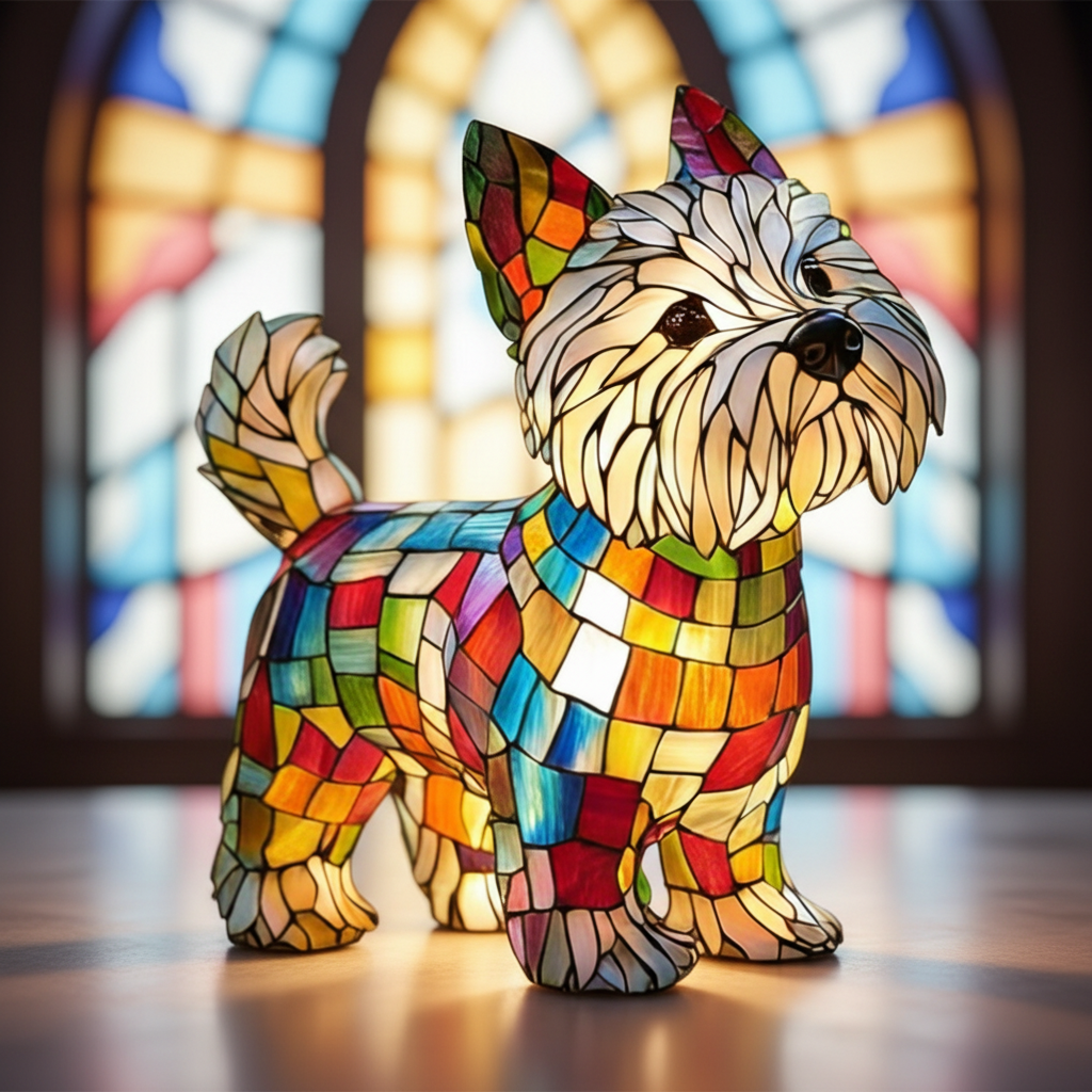 Stained Glass Dog Table Lamp Resin LED Night Light Decorative Home Accent
