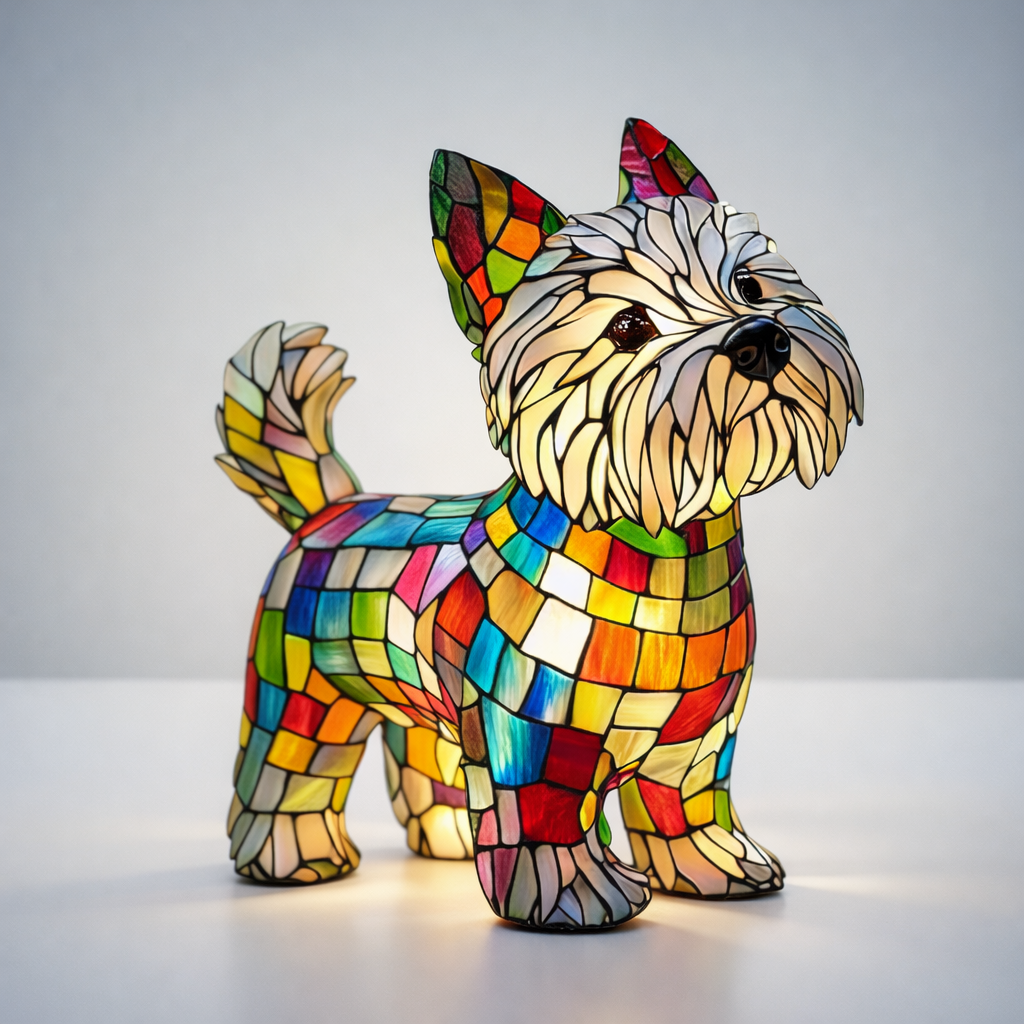 Stained Glass Dog Table Lamp Resin LED Night Light Decorative Home Accent