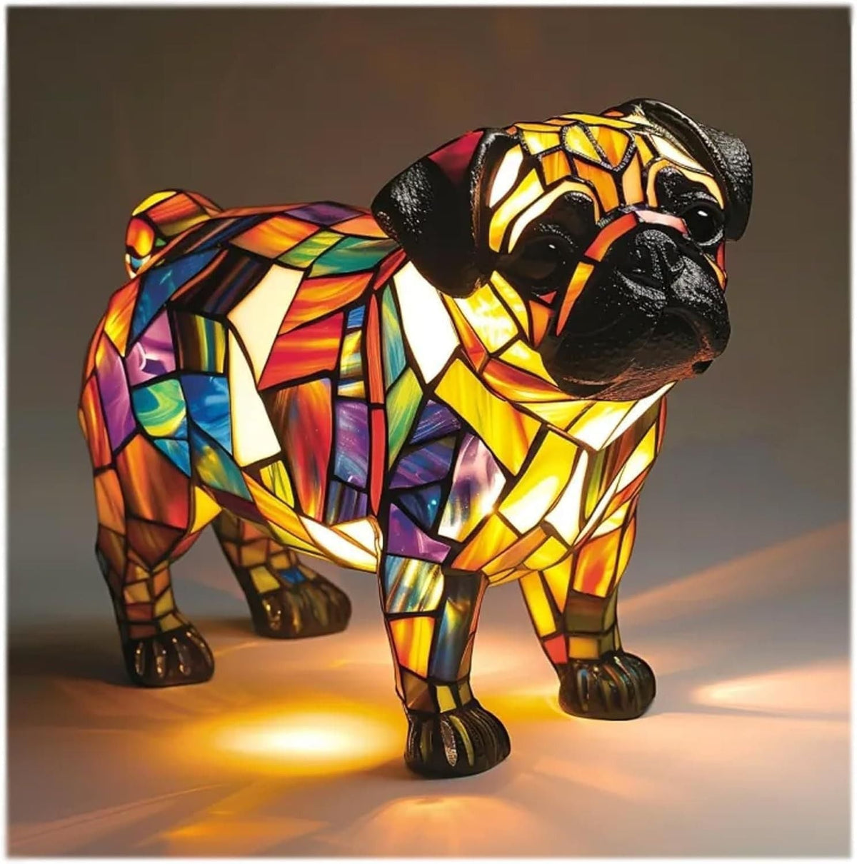 Stained Glass Dog Table Lamp Resin LED Night Light Decorative Home Accent
