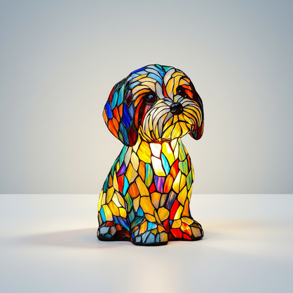 Stained Glass Dog Table Lamp Resin LED Night Light Decorative Home Accent