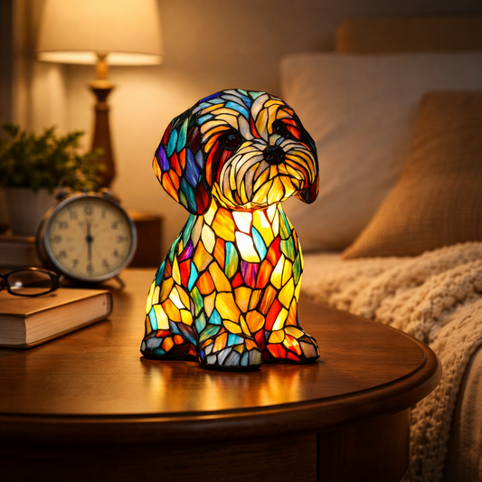 Lámpara de mesa LED con perro estilo vitral, luz nocturna decorativa