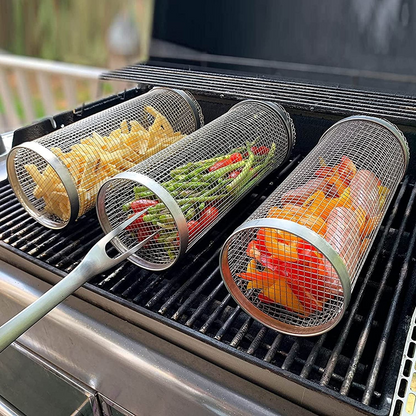 Stainless Steel Rolling BBQ Grill Basket with Rotating Design