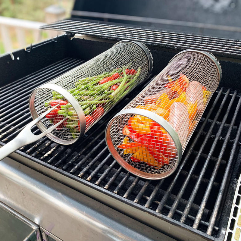 Stainless Steel Rolling BBQ Grill Basket with Rotating Design