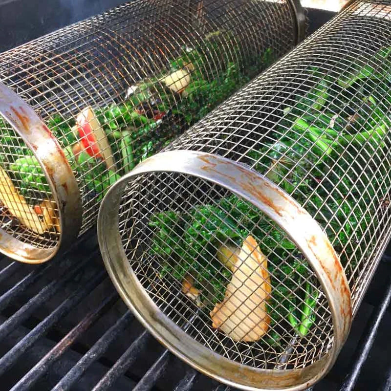 Stainless Steel Rolling BBQ Grill Basket with Rotating Design