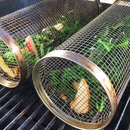 Stainless Steel Rolling BBQ Grill Basket with Rotating Design