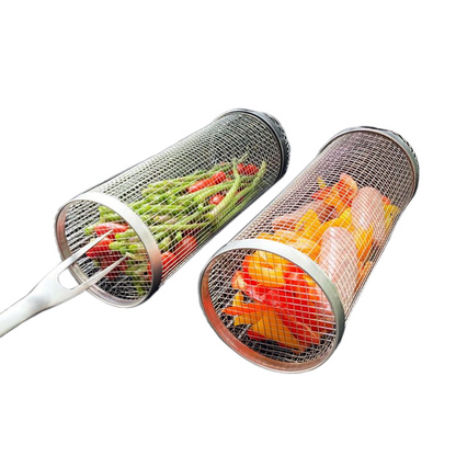 Stainless Steel Rolling BBQ Grill Basket with Rotating Design