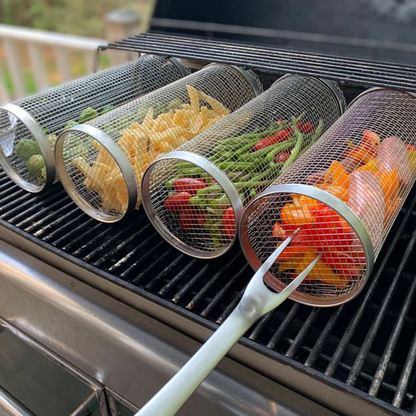 Stainless Steel Rolling BBQ Grill Basket with Rotating Design